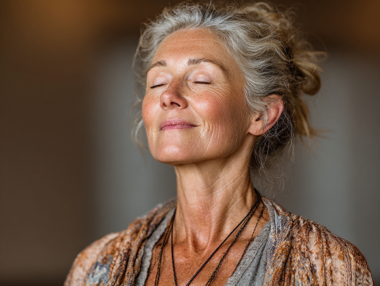 Instructor de yoga demonstrează o poziție de echilibru pentru seniori